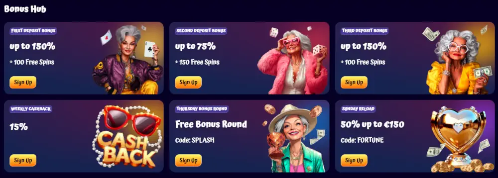 Spin Granny Bonus Hub z wielopoziomowymi ofertami powitalnymi i bonusami doładowującymi